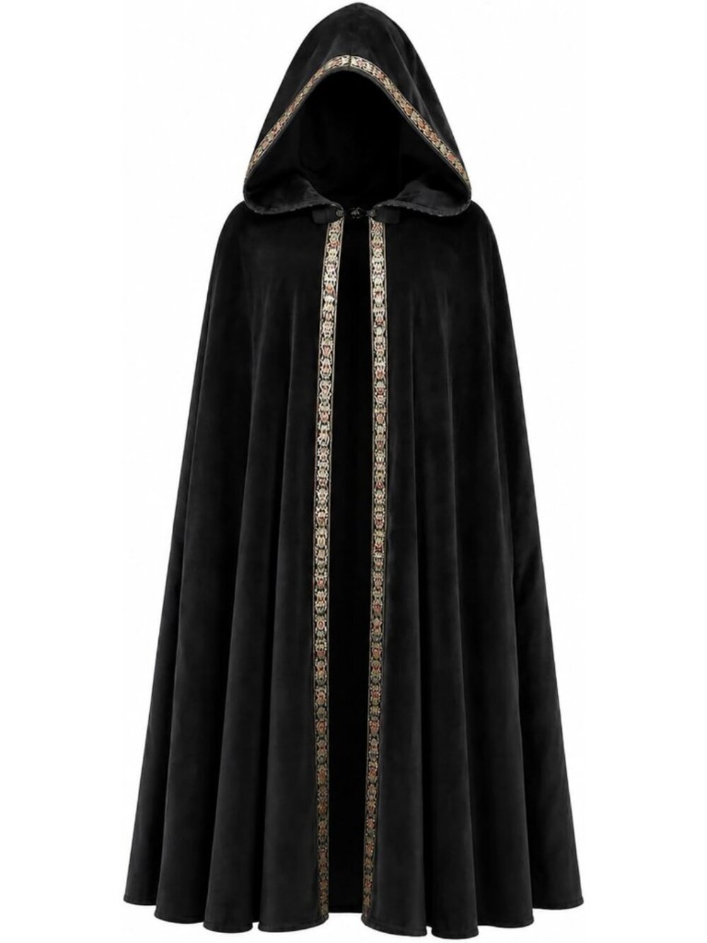 Elegant Velvet Renaissance Cloak with Hood, Gold Trim Wizard Cape for Costume